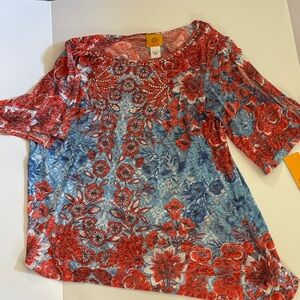 Ruby Rd. Red and Blue Floral Blouse